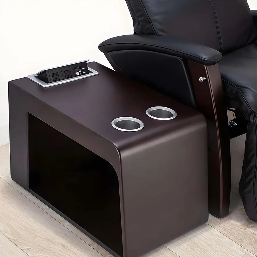 Svago SV10 Side Table for Zero Gravity Chair in Dark Wallnut color with pop-up power panel and dual cup holders from Wish Rock Relaxation.