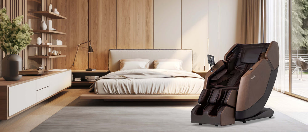 Osaki Ziva Massage Chair in Brown Color; lifestyle image in a relaxing bedroom from Wish Rock Relaxation