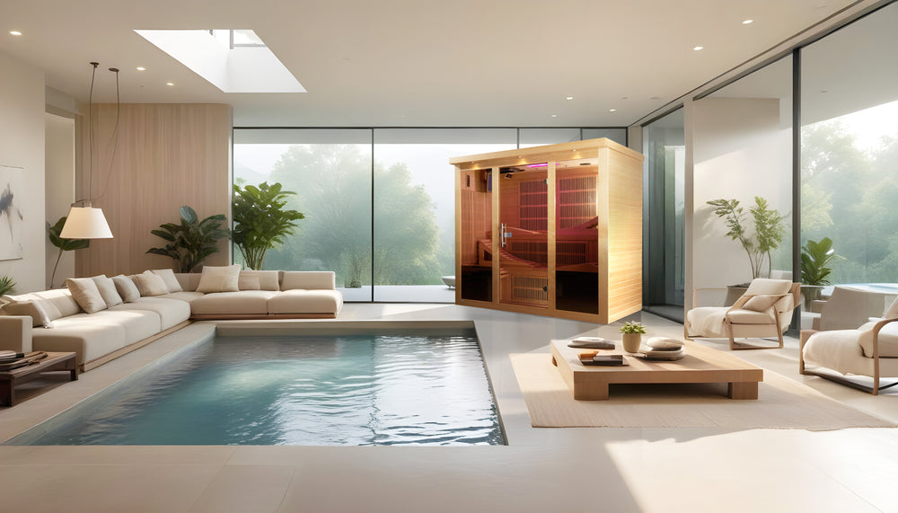 Golden Designs "Monaco" 6 Person PureTech™ Near Zero EMF FAR Infrared Sauna placed in a modern indoor pool lounge with floor-to-ceiling windows from Wish Rock Relaxation