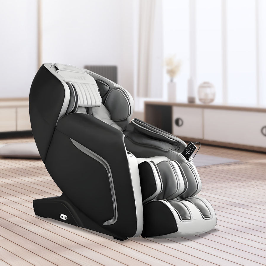 Titan TP-Cosmo 2D massage chair in black and brown in modern living room from Wish Rock Relaxation.