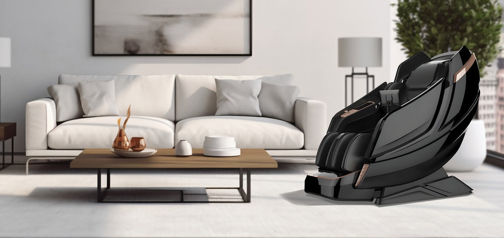 Kahuna Dios-1288 8D Massage Chair in sleek black with rose gold accents, showcased in a modern living room with neutral décor and large windows from Wish Rock Relaxation