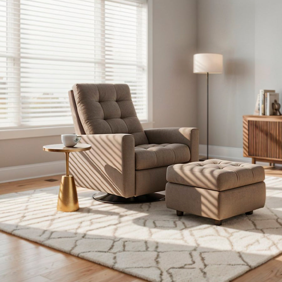 American Leather Como Comfort Air chair in beige with matching ottoman in modern living room from Wish Rock Relaxation.