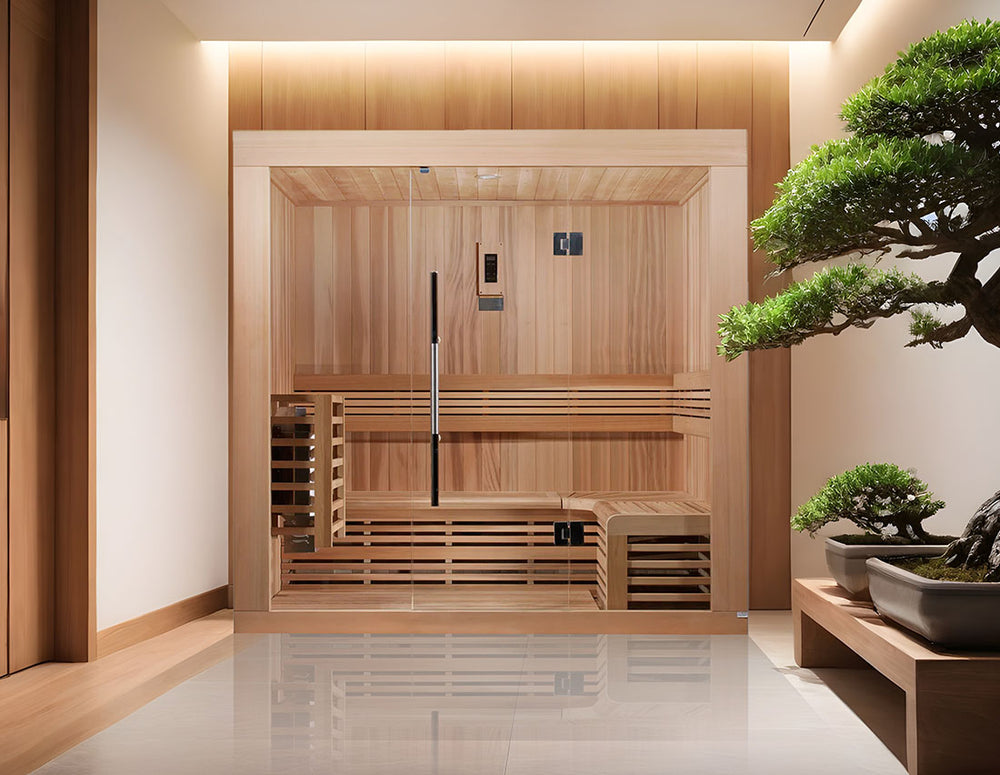 Golden Designs "Copenhagen Edition" 3 Person Traditional Sauna in Canadian red cedar placed in a minimalist Zen-inspired room with bonsai decor from Wish Rock Relaxation