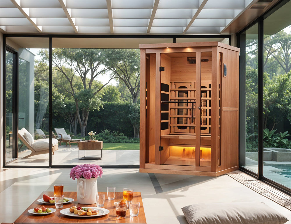 Golden Designs 2-Person Full Spectrum PureTech™ Near Zero EMF FAR Infrared Sauna - Canadian Hemlock, placed in a modern indoor-outdoor space in natural wood from Wish Rock Relaxation.