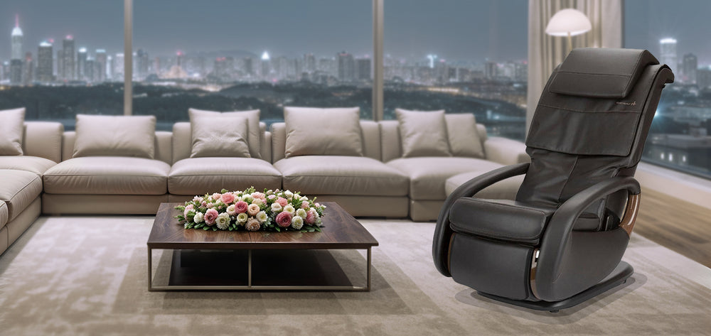 Human Touch Whole Body 8.0 Massage Chair in Charcoal - lifestyle image  in very relaxing room from Wish Rock Relaxation