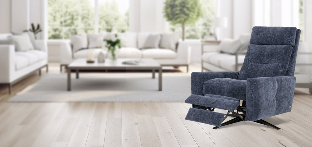 American Leather Comfort Air Rainier Echo Recliner in navy blue fully reclined in a modern living room from Wish Rock Relaxation