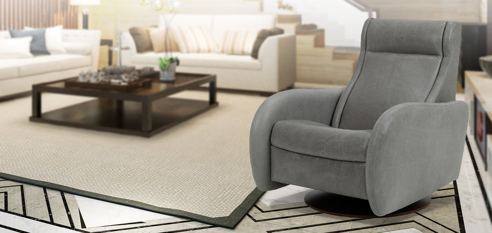 American Leather Comfort Air Nova Echo Recliner in gray suede, featured in a modern living room with neutral furniture and geometric rug from Wish Rock Relaxation