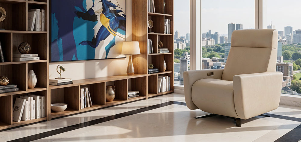 American Leather Cloud Comfort Solace recliner in cream in modern living room from Wish Rock Relaxation.