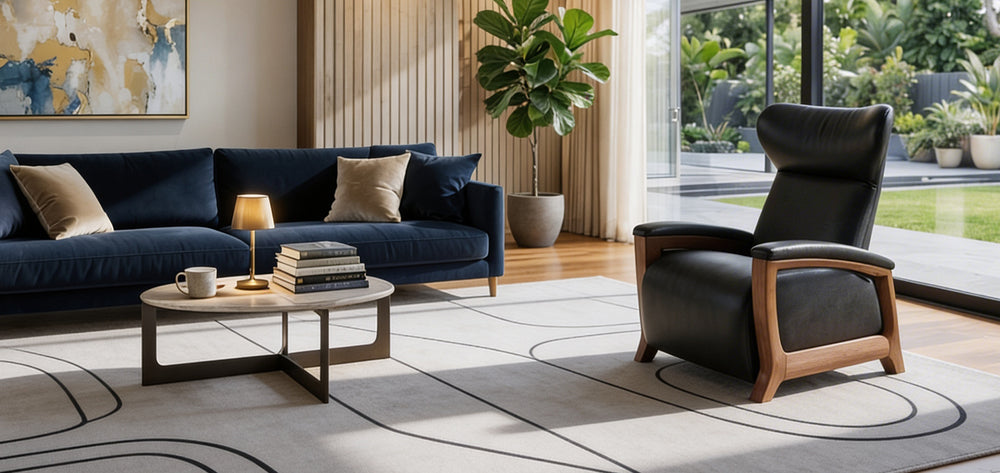 Svago Motion Mastery Lounge Chair SV700 in carbon leather with natural wood base in contemporary living room from Wish Rock Relaxation.