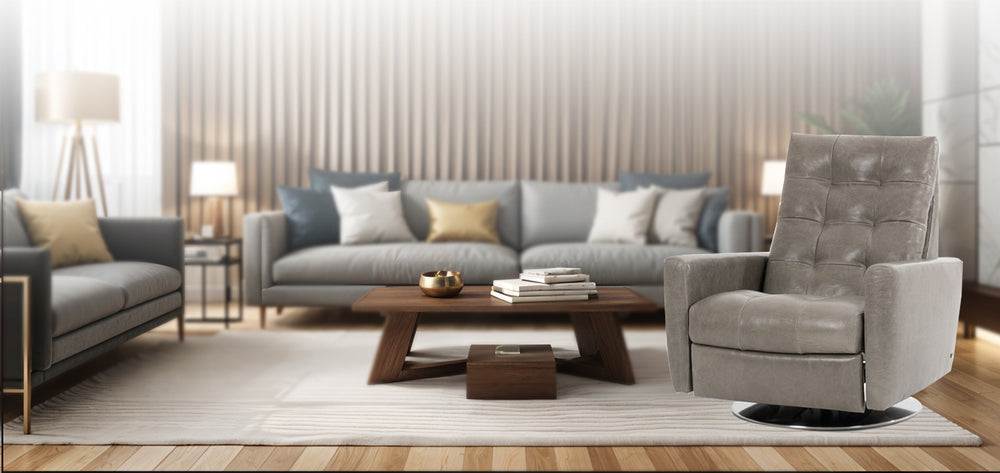 American Leather Comfort Air Como Echo Recliner in taupe leather, placed in a contemporary living room with neutral sofas, wood accents, and layered lighting from Wish Rock Relaxation