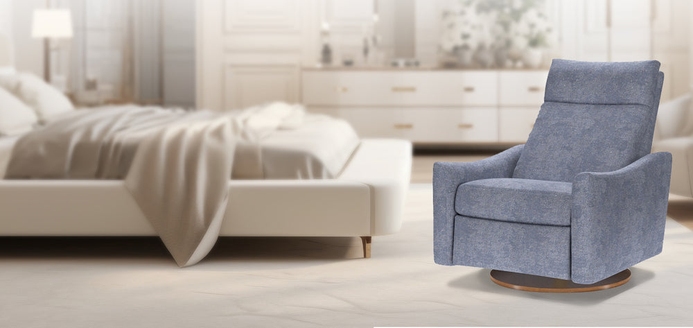 American Leather Comfort Air Ontario Echo Recliner in blue fabric, set in a serene modern bedroom with neutral tones and soft natural light from Wish Rock Relaxation