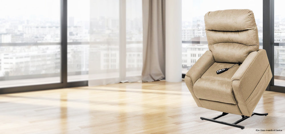 Mega Motion MM-3601 Trio Invigorate 3 Position Lift Chair in Stone color lift position; Lifestyle image in an inviting space from Wish Rock Relaxation