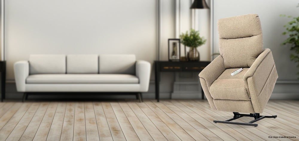 Mega Motion MM-6410 Trio Piccolo Benti Petite 3-Position Lift Chair in Latte Color in the lift position; Lifestyle image set in a clean and elegant room from Wish Rock Relaxation