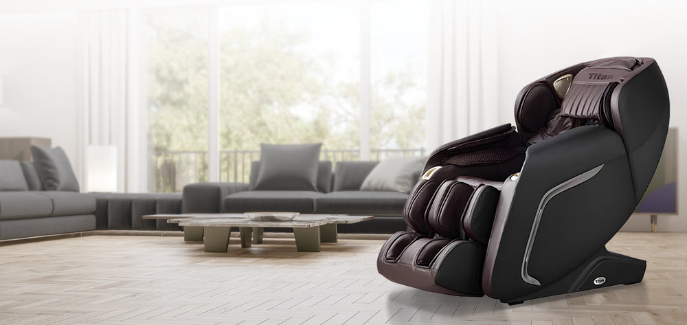 Titan TP-Cosmo 2D massage chair in black and brown in modern living room from Wish Rock Relaxation.