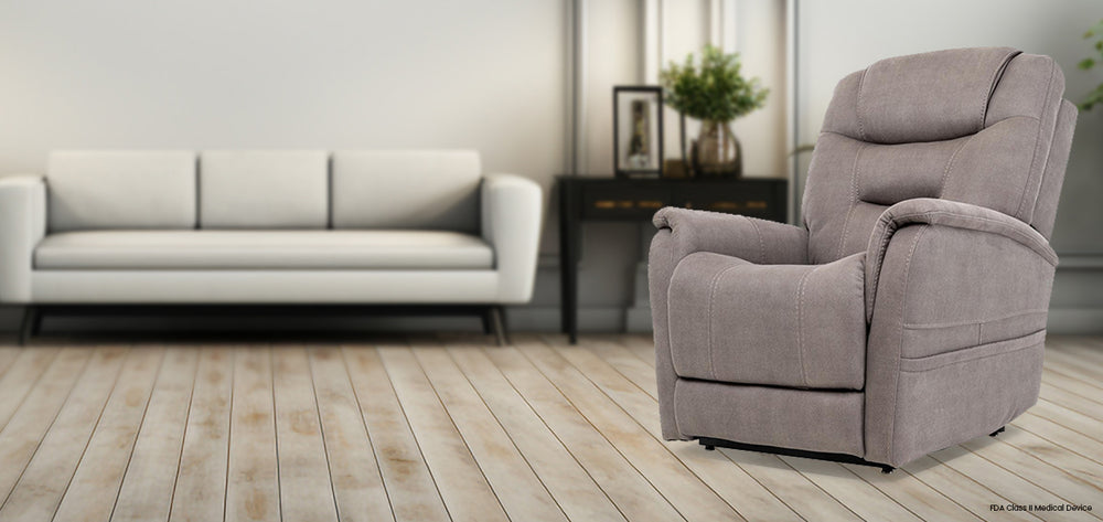 Mega Motion MM-3730 iNFI Elite Stonewash Large Infinite Position Lift Chair in Dove color; Lifestyle image in a tidy room from Wish Rock Relaxation