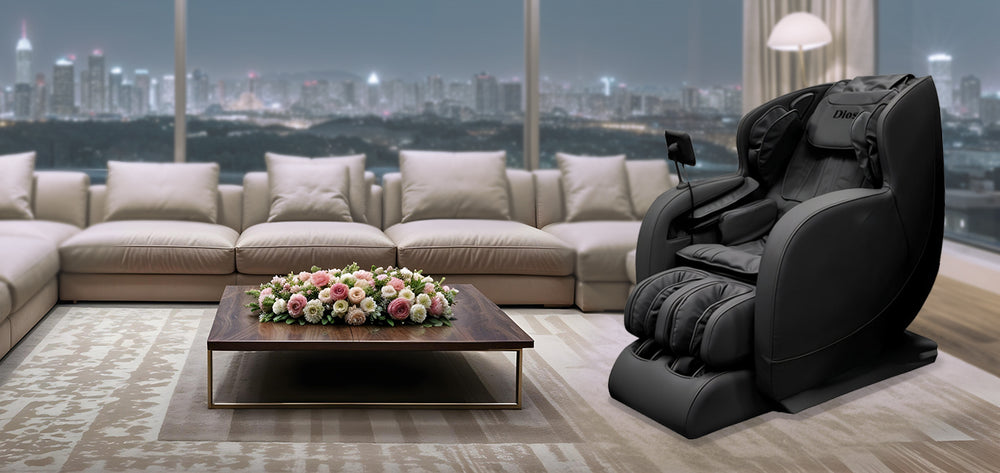 Kahuna Dios-6800 6D Massage Chair in black, displayed in a luxurious high-rise living room with city skyline view and elegant modern décor from Wish Rock Relaxation