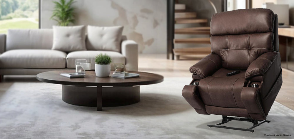 Mega Motion MM-3815 iNFI Elite Capriccio Large Infinite  Position Lift Chair in Walnut Color; Lifestyle image set in a tidy, inviting room from Wish Rock Relaxation