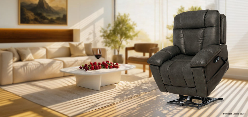 Mega Motion MM-8945 iNFI IMMERSE Infinite Position Lift Chair in dark brown in a sunlit modern living room from Wish Rock Relaxation.