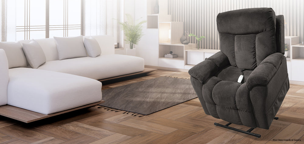 Mega Motion MM-5300 Trio Grande Domain Large 3 Position Lift Chair in Iron color; Lifestyle image in a neat and tidy room from Wish Rock Relaxation