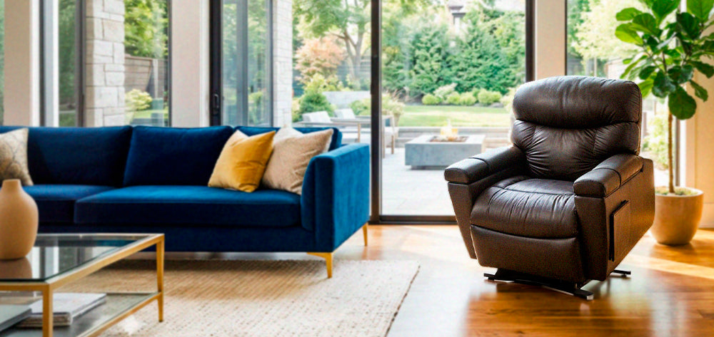 UltraComfort™ UC566 Maya Medium Wide 4-Zone Power Lift Chair in brown shown in a bright living room from Wish Rock Relaxation.