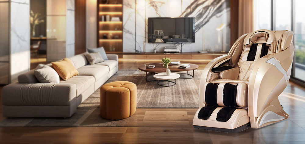 Kahuna HM-078 Hubot 4D Massage Chair in champagne gold with black accents, placed in a luxurious modern living room with marble walls and contemporary furnishings from Wish Rock Relaxation