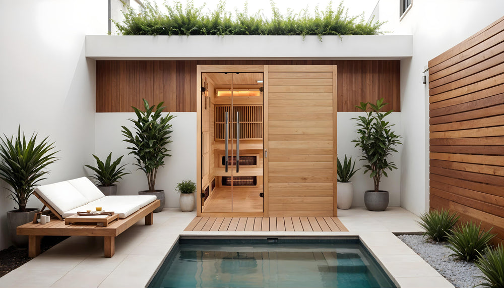 Golden Designs Toledo 6 Person Full Spectrum Hybrid Sauna shown poolside in a modern patio in natural wood from Wish Rock Relaxation.