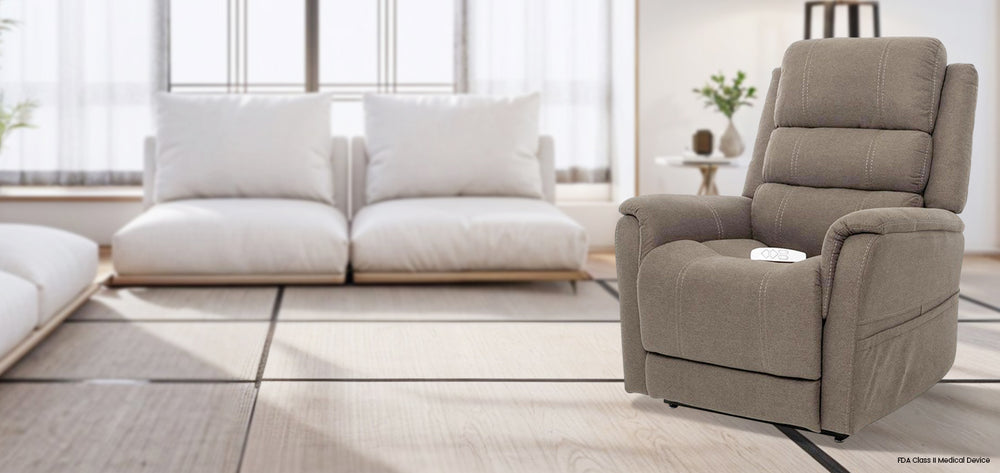 Mega Motion MM-3603 iNFI ATTAIN Infinite Position Lift Chair in Steel color; Lifestyle image in a neat and tidy room from Wish Rock Relaxation.