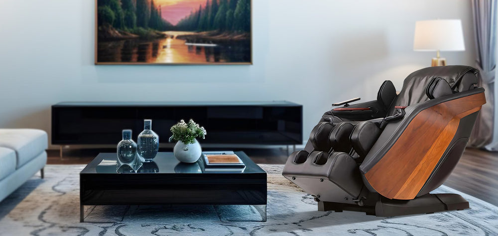 Synca DCore Stratus-JP 3D massage chair in black with wood accents in elegant living room from Wish Rock Relaxation.