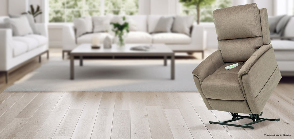 Mega Motion MM-3605 Trio Mezzo 3-Position Lift Chair in Taupe color lift position; Lifestyle image in an inviting vibe from Wish Rock Relaxation