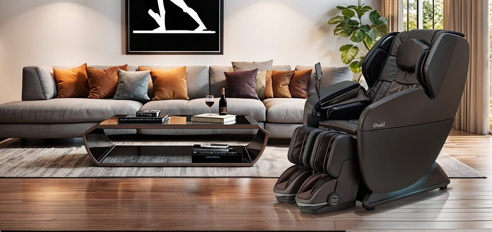 Osaki YogaFlex 4D Massage Chair in brown leather in a modern living room with sofa and coffee table from Wish Rock Relaxation.