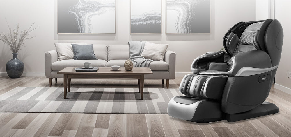 Osaki OS-4D Pro Paragon Massage Chair in black and silver placed in a modern living room from Wish Rock Relaxation.