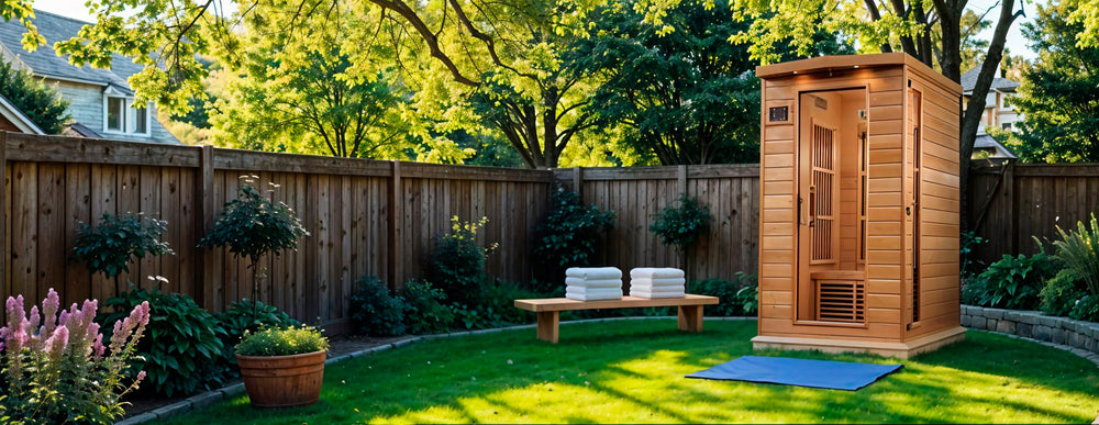 Maxxus 2 Person Near Zero EMF FAR Infrared Sauna - Canadian Hemlock shown in a serene backyard setting, featuring full-spectrum infrared panels, natural wood construction, and glass door design from Wish Rock Relaxation.