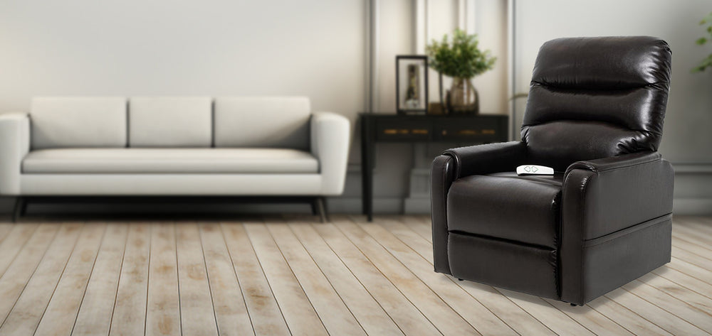 Mega Motion MM-3604 Trio Piccolo Lexi Petite 3-Position Lift Chair in New Chestnut color; lifestyle image set in a clean and elegant room from Wish Rock Relaxation