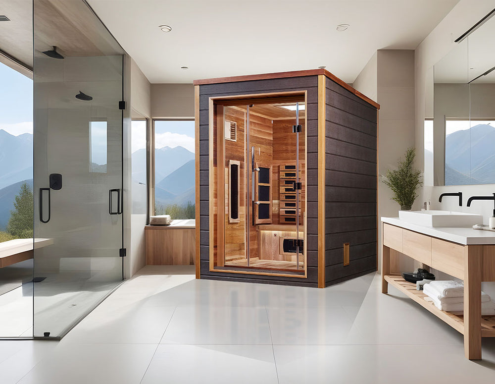Golden Designs "Nora" 2 Person Hybrid Outdoor Sauna in Canadian red cedar placed in a luxury bathroom with mountain views from Wish Rock Relaxation