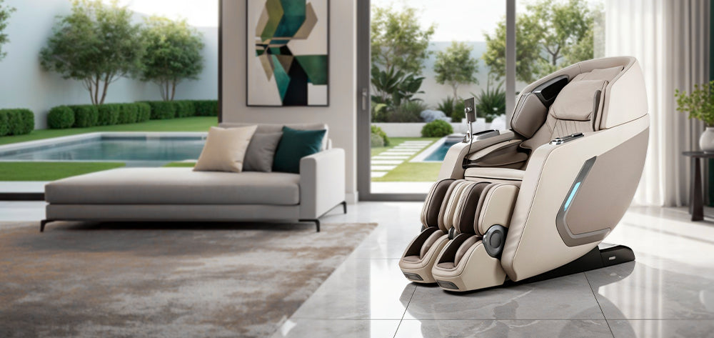 Osaki 4D + 3D Bravo Duo Flex Massage Chair in beige placed in a luxurious living room with poolside view from Wish Rock Relaxation.
