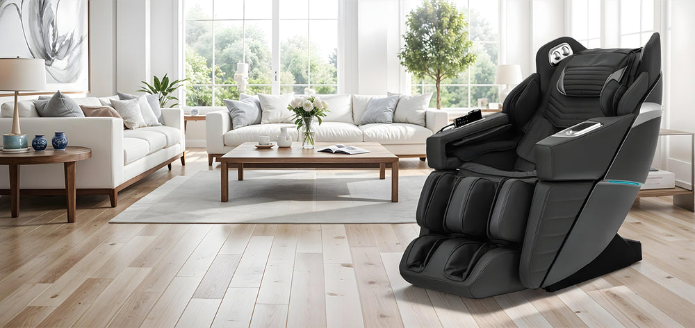 Otamic Pro 3D Signature Massage Chair in black color shown in a bright modern living room with wood flooring from Wish Rock Relaxation.