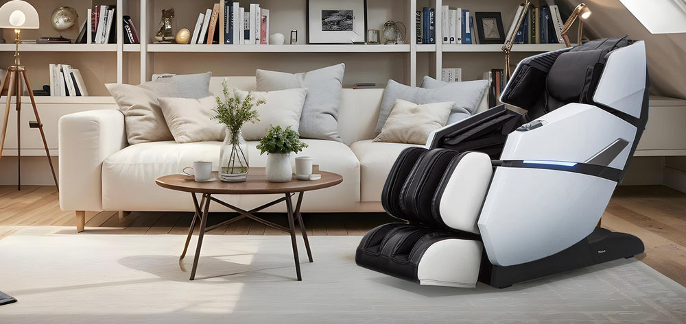 Titan Summit Flex SL-Track Massage Chair in black placed in a modern living room, Wish Rock Relaxation lifestyle image