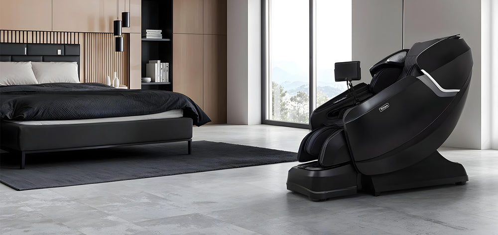 Titan Pro Vigor 4D Massage Chair in a bedroom setting, showcasing Wish Rock Relaxation lifestyle image