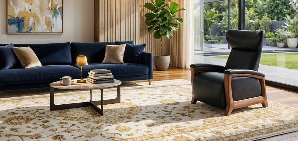 Svago Motion Mastery Lounge Chair SV700 in carbon leather with natural wood base in contemporary living room from Wish Rock Relaxation.