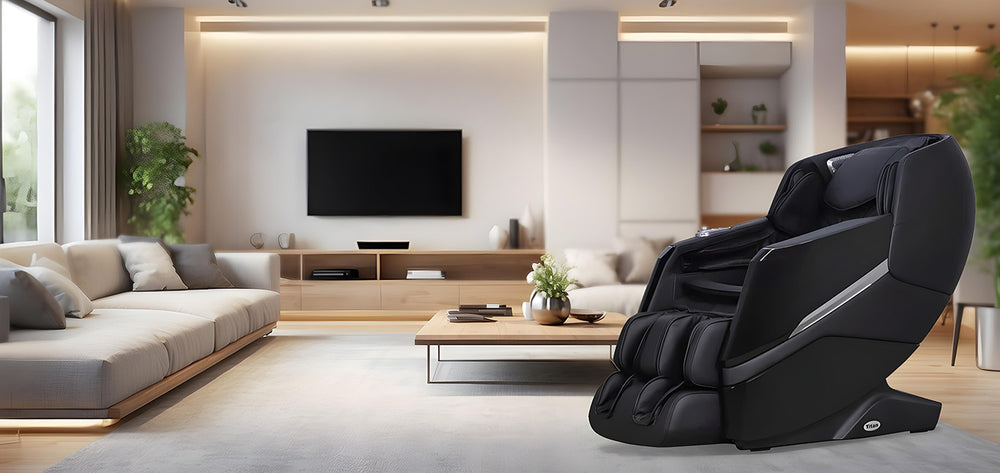 Titan Luxe 3D Massage Chair in black color placed in a modern living room for ultimate comfort and relaxation.