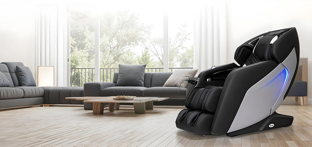 Titan Pro-Acro 3D Massage Chair in a stylish living room, featuring Wish Rock Relaxation lifestyle design.