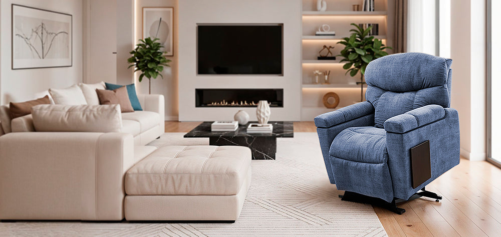 UltraComfort™ UC566 Maya Medium 4-Zone Power Lift Chair in blue styled in a bright, modern living room from Wish Rock Relaxation.