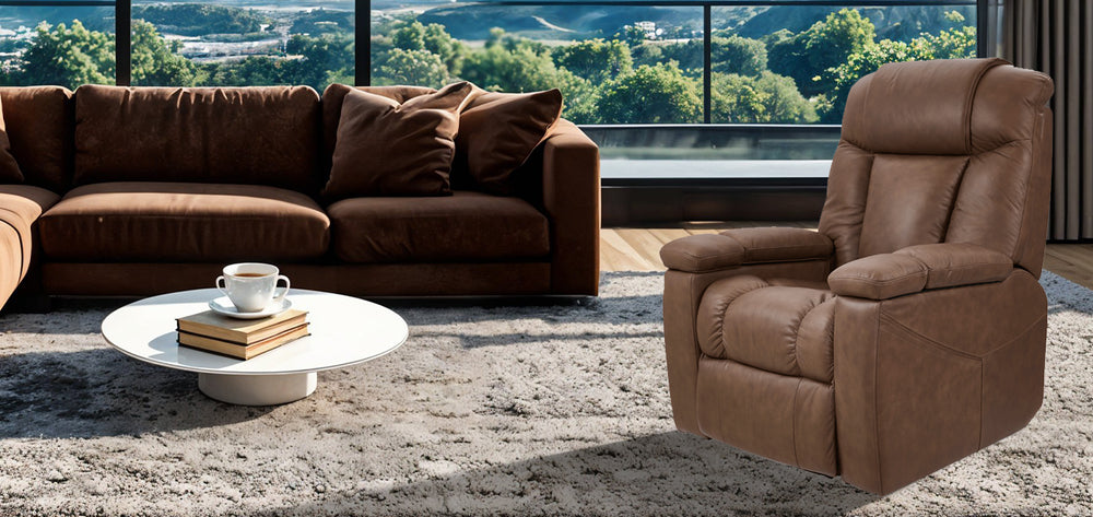 UltraCozy UC677 Medium lift chair in Umber color displayed in a modern living room from Wish Rock Relaxation.
