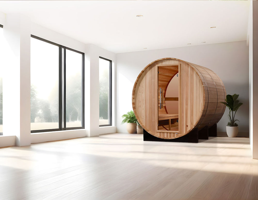Golden Designs "Zurich" 4 Person Barrel Traditional Sauna featured in a bright modern room in natural wood from Wish Rock Relaxation