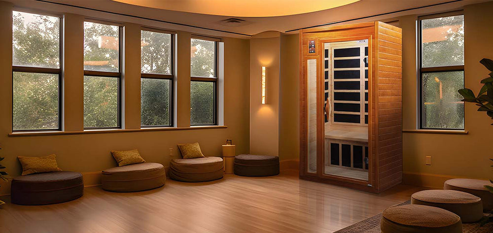 Dynamic Avila Elite 1-2 Person Ultra Low EMF FAR Infrared Sauna in Canadian Hemlock placed in a tranquil spa room from Wish Rock Relaxation.