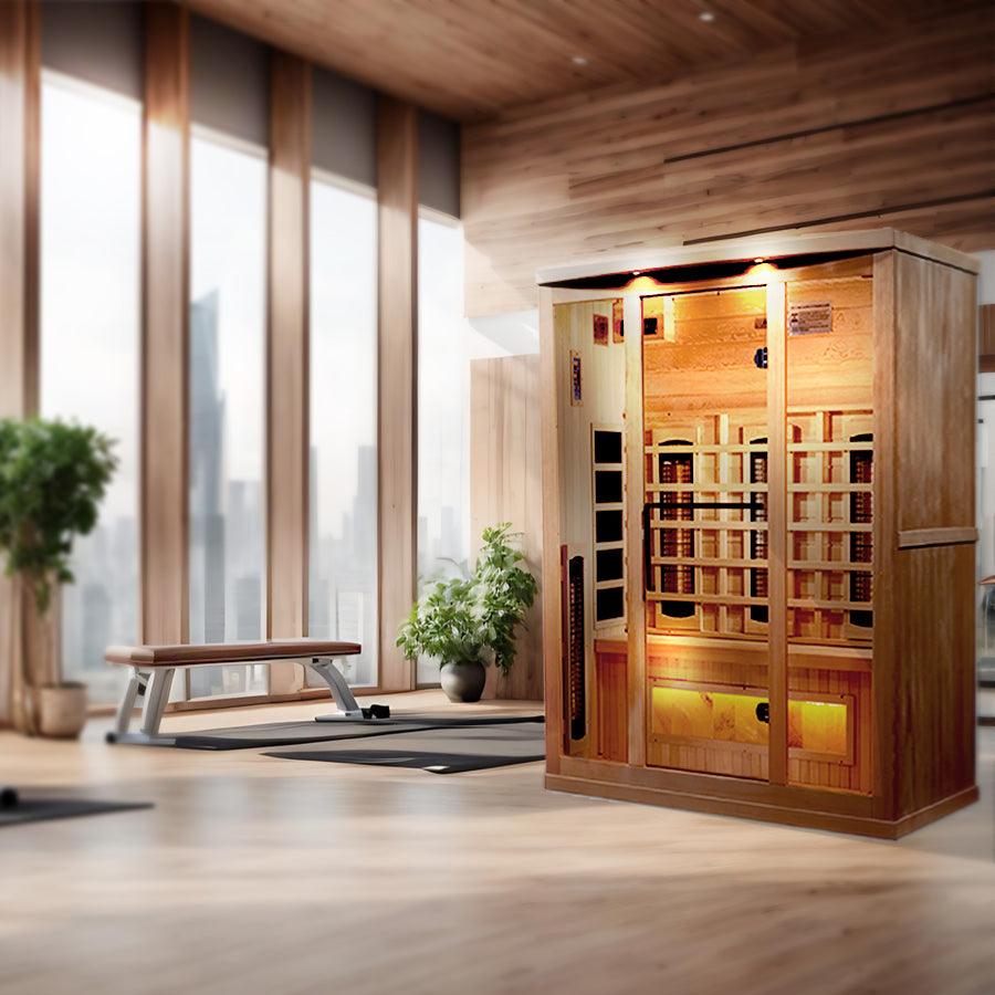 Golden Designs 3 Person Full Spectrum PureTech™ Near Zero EMF FAR Infrared Sauna in Canadian hemlock placed in a modern high-rise fitness studio from Wish Rock Relaxation