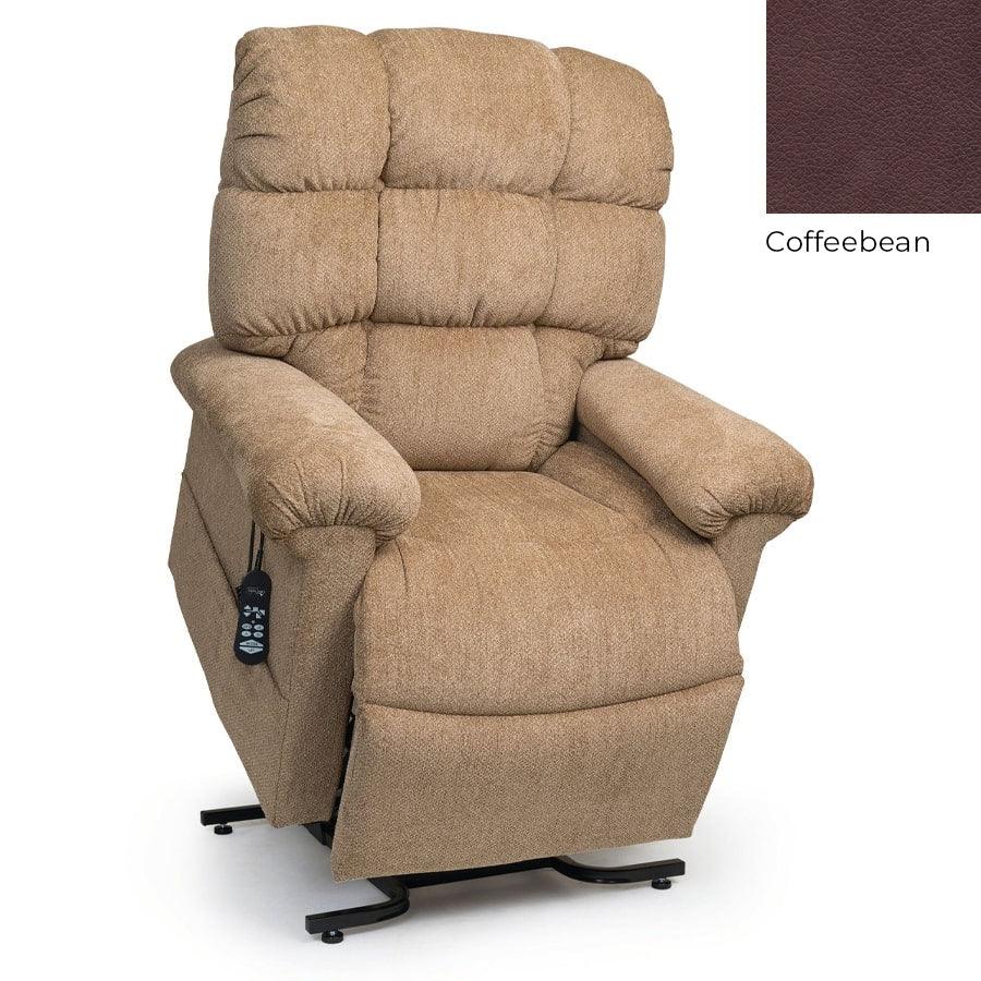 UltraComfort UC556-MLA Vega Medium/Large Size 2 Zone Zero Gravity Lift Chair in Easy Living Fabric Sandstorm with UltraPlush Brisa Fabric Coffee Bean swatch on upper right corner