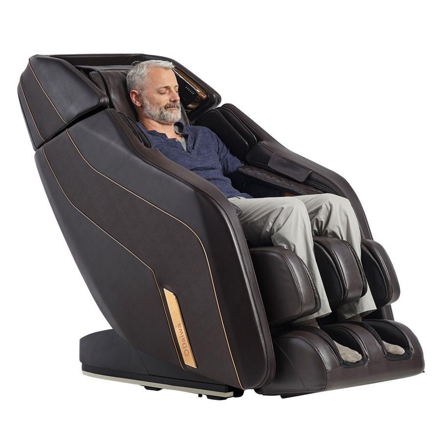 Daiwa Pegasus 2 Smart Massage Chair featured in Chocolate Brown with very relaxed man