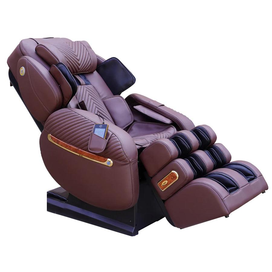 Luraco i9 Max Royal Edition Massage Chair in Chocolate Brown Color showcasing the full-body stretching position of the chair