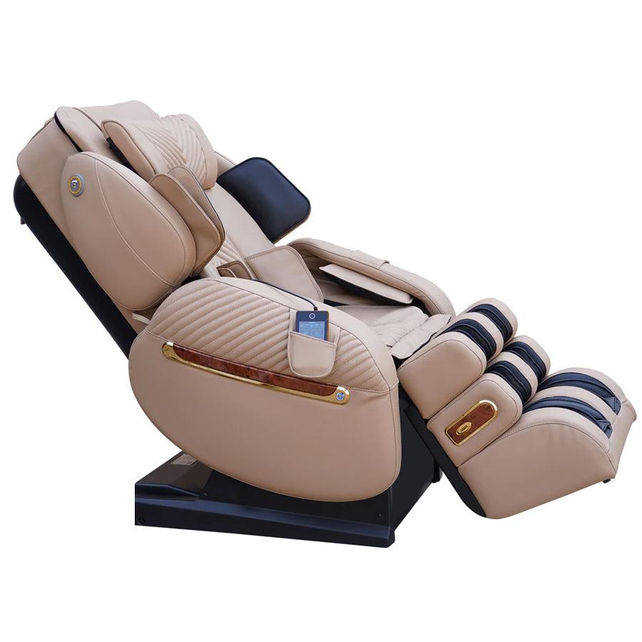 Luraco i9 Max Royal Edition Massage Chair in Cream Color showcasing the full-body stretching position of the chair